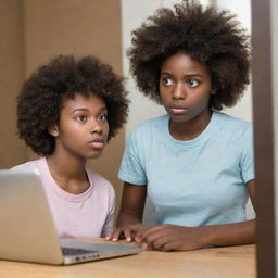 A teenage girl with chocolate-colored skin and an afro is intensely focused on coding on her computer. Her girlfriend stands at the door, urging her to come to bed.