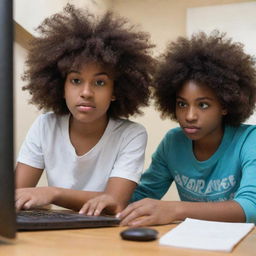 A teenage girl with chocolate-colored skin and an afro is intensely focused on coding on her computer. Her girlfriend stands at the door, urging her to come to bed.