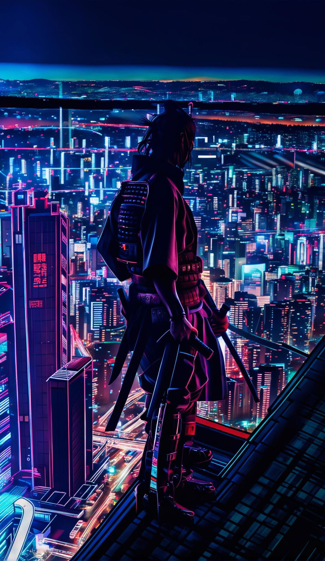 Candid-style HD photograph of a cyberpunk Samurai overlooking a neon-lit cityscape.