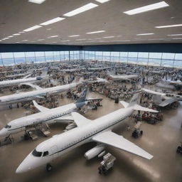 A bustling aviation training center, with pilots at simulations, aircraft models, and complex control panels.