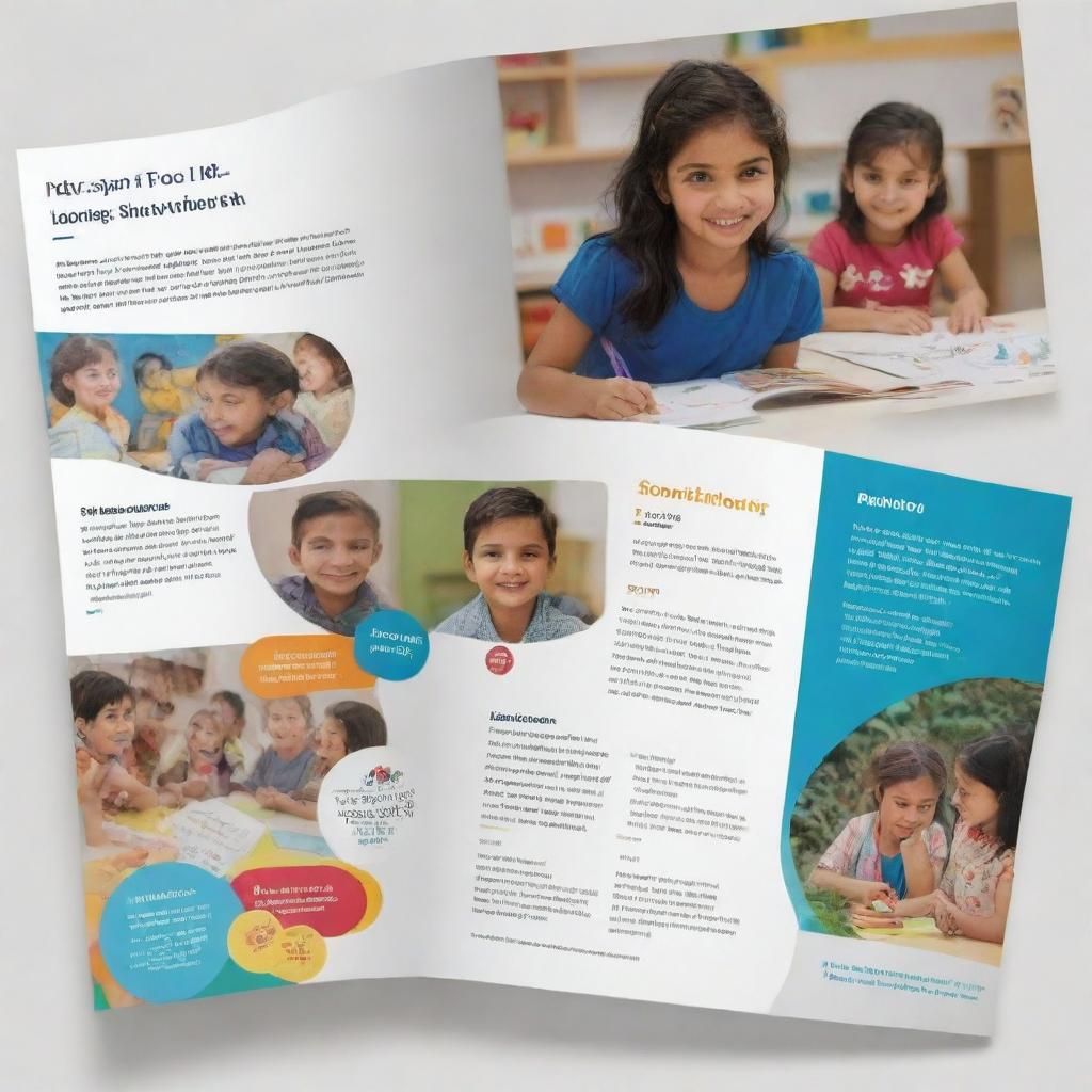 An admissions pamphlet for 'Anum Educational Smart Hub', featuring imagery of playful preschool children, descriptors of classes from preschool to tenth grade, coupled with emphasizing the key points: Innovative Learning Environment, Experienced and Dedicated Faculty, Comprehensive Curriculum, and Focus on Holistic Development.