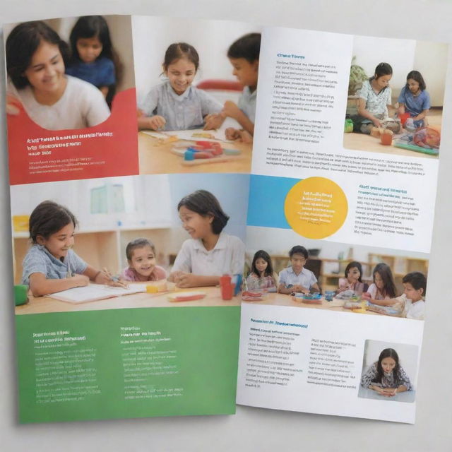 An admissions pamphlet for 'Anum Educational Smart Hub', featuring imagery of playful preschool children, descriptors of classes from preschool to tenth grade, coupled with emphasizing the key points: Innovative Learning Environment, Experienced and Dedicated Faculty, Comprehensive Curriculum, and Focus on Holistic Development.