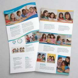 An admissions pamphlet for 'Anum Educational Smart Hub', featuring imagery of playful preschool children, descriptors of classes from preschool to tenth grade, coupled with emphasizing the key points: Innovative Learning Environment, Experienced and Dedicated Faculty, Comprehensive Curriculum, and Focus on Holistic Development.