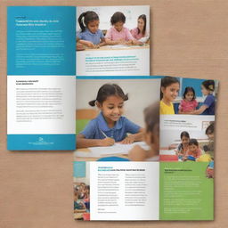 An admissions pamphlet for 'Anum Educational Smart Hub', featuring imagery of playful preschool children, descriptors of classes from preschool to tenth grade, coupled with emphasizing the key points: Innovative Learning Environment, Experienced and Dedicated Faculty, Comprehensive Curriculum, and Focus on Holistic Development.