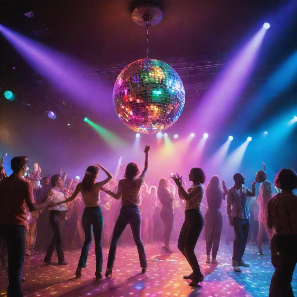 A vibrant disco scene with colorful lights, people dancing, and a sparkling disco ball hanging from the ceiling.