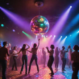 A vibrant disco scene with colorful lights, people dancing, and a sparkling disco ball hanging from the ceiling.