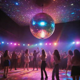 A vibrant disco scene with colorful lights, people dancing, and a sparkling disco ball hanging from the ceiling.