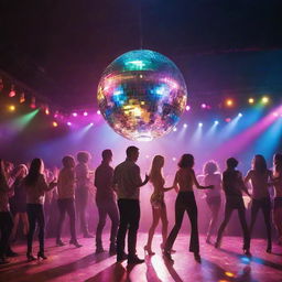 A vibrant disco scene with colorful lights, people dancing, and a sparkling disco ball hanging from the ceiling.