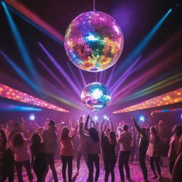 A vibrant disco scene with colorful lights, people dancing, and a sparkling disco ball hanging from the ceiling.