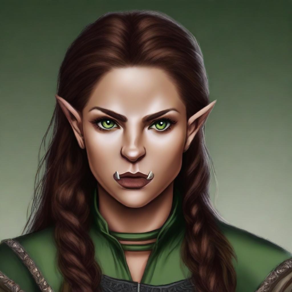 A high-quality digital art image of a female half-elf rogue, characterized by her brown hair styled into a single braid