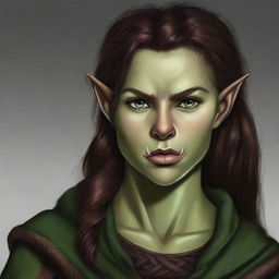 A high-quality digital art image of a female half-elf rogue, characterized by her brown hair styled into a single braid