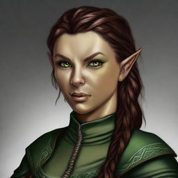 A high-quality digital art image of a female half-elf rogue, characterized by her brown hair styled into a single braid