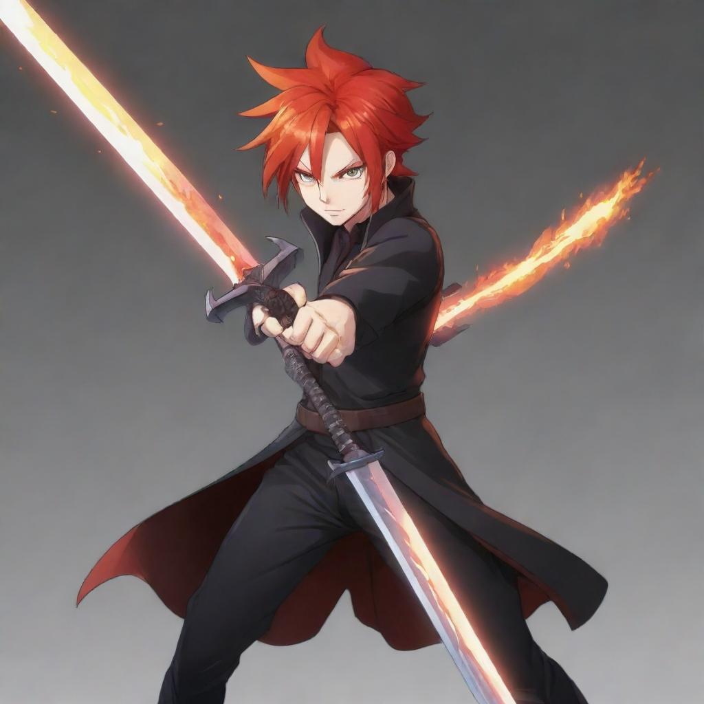 A 2D anime character with fiery red hair, brandishing a sleek sword. The character is without armor and the background of the image is geared for a YouTube icon, dimension is 98x98.