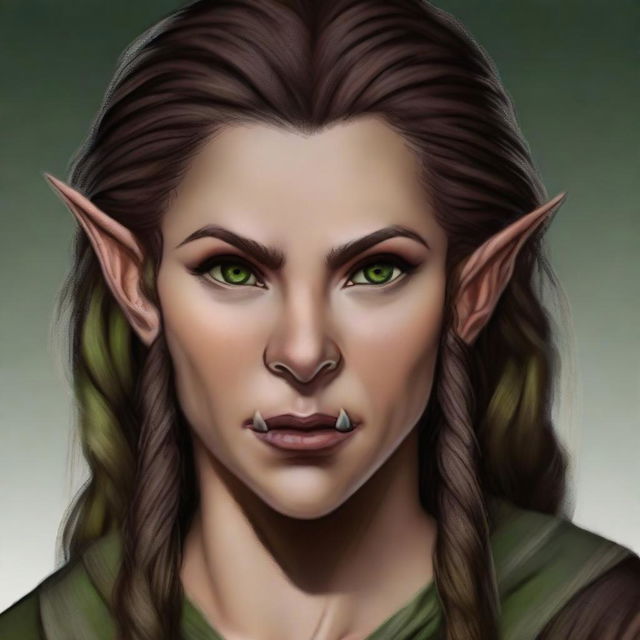 A high-quality digital art image of a female half-elf rogue, characterized by her brown hair styled into a single braid