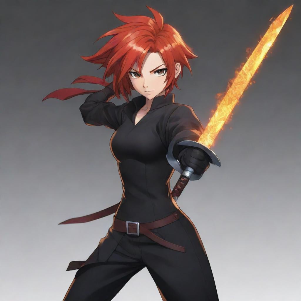 A 2D anime character with fiery red hair, brandishing a sleek sword. The character is without armor and the background of the image is geared for a YouTube icon, dimension is 98x98.