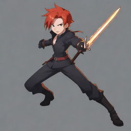 A 2D anime character with fiery red hair, brandishing a sleek sword. The character is without armor and the background of the image is geared for a YouTube icon, dimension is 98x98.