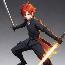 A 2D anime character with fiery red hair, brandishing a sleek sword. The character is without armor and the background of the image is geared for a YouTube icon, dimension is 98x98.