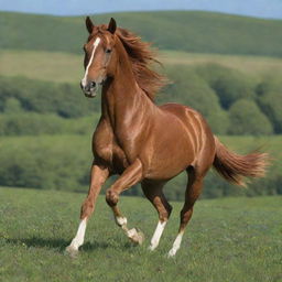 A majestic Chestnut Horse cantering freely in a lush green meadow under a blue sky.