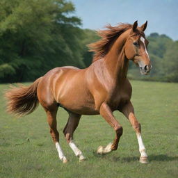 A majestic Chestnut Horse cantering freely in a lush green meadow under a blue sky.