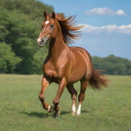 A majestic Chestnut Horse cantering freely in a lush green meadow under a blue sky.