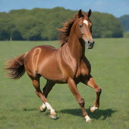 A majestic Chestnut Horse cantering freely in a lush green meadow under a blue sky.