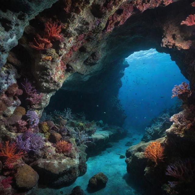 A mysterious scene of an underwater cave, with intriguing sea creatures and vibrant coral formations.