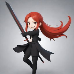 Modify the 2D anime character replacing the black outfit with a more cheerful attire and the character is smiling broadly. The fiery red haired character still holds a sleek sword, the image has YouTube icon dimensions (98x98).