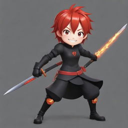 Modify the 2D anime character replacing the black outfit with a more cheerful attire and the character is smiling broadly. The fiery red haired character still holds a sleek sword, the image has YouTube icon dimensions (98x98).