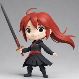 Modify the 2D anime character replacing the black outfit with a more cheerful attire and the character is smiling broadly. The fiery red haired character still holds a sleek sword, the image has YouTube icon dimensions (98x98).