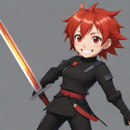 Modify the 2D anime character replacing the black outfit with a more cheerful attire and the character is smiling broadly. The fiery red haired character still holds a sleek sword, the image has YouTube icon dimensions (98x98).