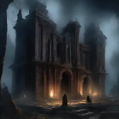 In the dark realm of Necropolis, the evil sorcerer's lair was surrounded by an aura of darkness and rottenness, sending shivers down the spines of brave adventurers.