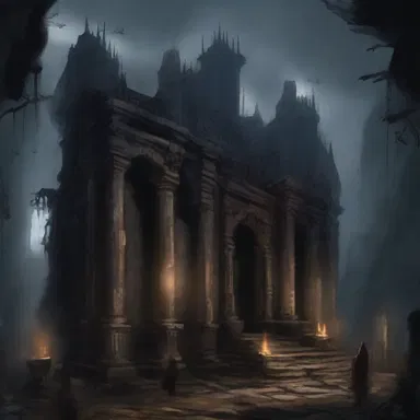 In the dark realm of Necropolis, the evil sorcerer's lair was surrounded by an aura of darkness and rottenness, sending shivers down the spines of brave adventurers.