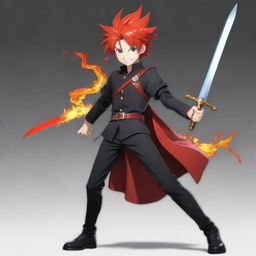 Alter the earlier 2D anime character to a cartoon man, still with fiery red hair and a sleek sword, but now in a colorful outfit instead of the black one, and with a friendly smile on his face. Image has YouTube icon dimensions (98x98).