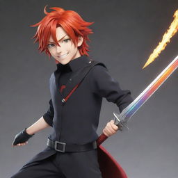 Alter the earlier 2D anime character to a cartoon man, still with fiery red hair and a sleek sword, but now in a colorful outfit instead of the black one, and with a friendly smile on his face. Image has YouTube icon dimensions (98x98).