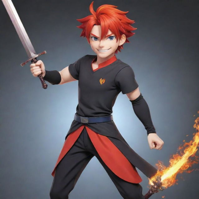 Alter the earlier 2D anime character to a cartoon man, still with fiery red hair and a sleek sword, but now in a colorful outfit instead of the black one, and with a friendly smile on his face. Image has YouTube icon dimensions (98x98).