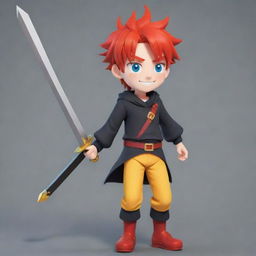 Alter the earlier 2D anime character to a cartoon man, still with fiery red hair and a sleek sword, but now in a colorful outfit instead of the black one, and with a friendly smile on his face. Image has YouTube icon dimensions (98x98).