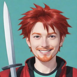 Transition the red-haired anime character into a 2D cartoon man. He wears a vibrant outfit instead of his original black one, and is smiling warmly. Present in his hand is his sleek sword. The image is made to fit YouTube's 98x98 icon requirements.