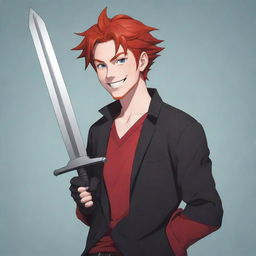 Transition the red-haired anime character into a 2D cartoon man. He wears a vibrant outfit instead of his original black one, and is smiling warmly. Present in his hand is his sleek sword. The image is made to fit YouTube's 98x98 icon requirements.