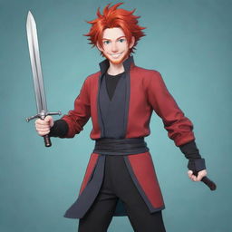 Transition the red-haired anime character into a 2D cartoon man. He wears a vibrant outfit instead of his original black one, and is smiling warmly. Present in his hand is his sleek sword. The image is made to fit YouTube's 98x98 icon requirements.