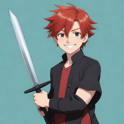 Transition the red-haired anime character into a 2D cartoon man. He wears a vibrant outfit instead of his original black one, and is smiling warmly. Present in his hand is his sleek sword. The image is made to fit YouTube's 98x98 icon requirements.