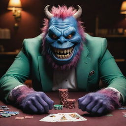 A vibrant and mischievous monster sitting at a poker table, deeply engrossed in a high stakes game, with poker chips and cards spread in front of it