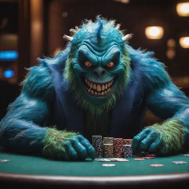 A vibrant and mischievous monster sitting at a poker table, deeply engrossed in a high stakes game, with poker chips and cards spread in front of it