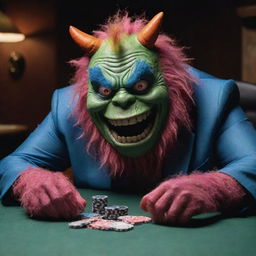 A vibrant and mischievous monster sitting at a poker table, deeply engrossed in a high stakes game, with poker chips and cards spread in front of it