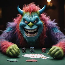 A vibrant and mischievous monster sitting at a poker table, deeply engrossed in a high stakes game, with poker chips and cards spread in front of it