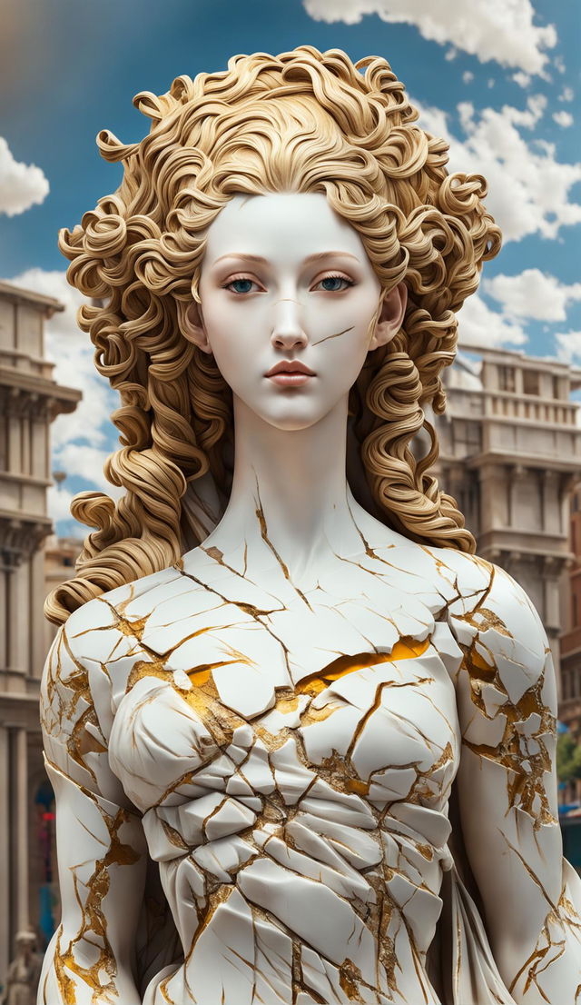 A beautiful Roman goddess made of marble stands in Ancient Rome, her skin adorned with extensive cracks repaired with gold in the style of kintsugi.