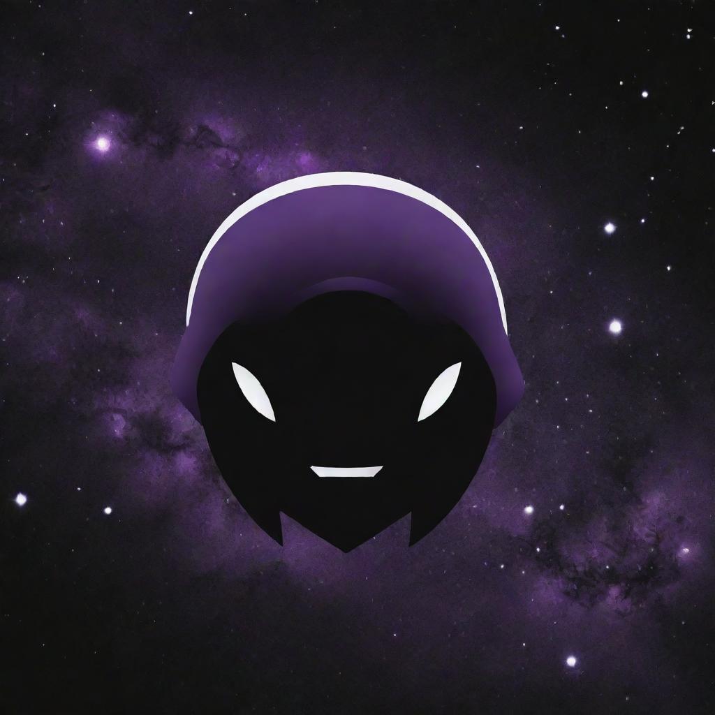 Generate a logo with purple, black, and white as dominant colours representing a gaming clan named 'Dark Void'. The centrepiece should be a serious chibi character's head with a galaxy motif. Beneath the character, ensure the caption 'Dark Void' in clear, legible text.