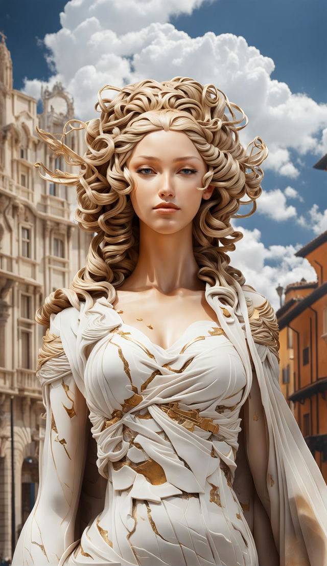 A hyper-realistic photograph of a beautiful Roman goddess made of marble stands in Ancient Rome, her face adorned with extensive cracks repaired with gold in the style of kintsugi.