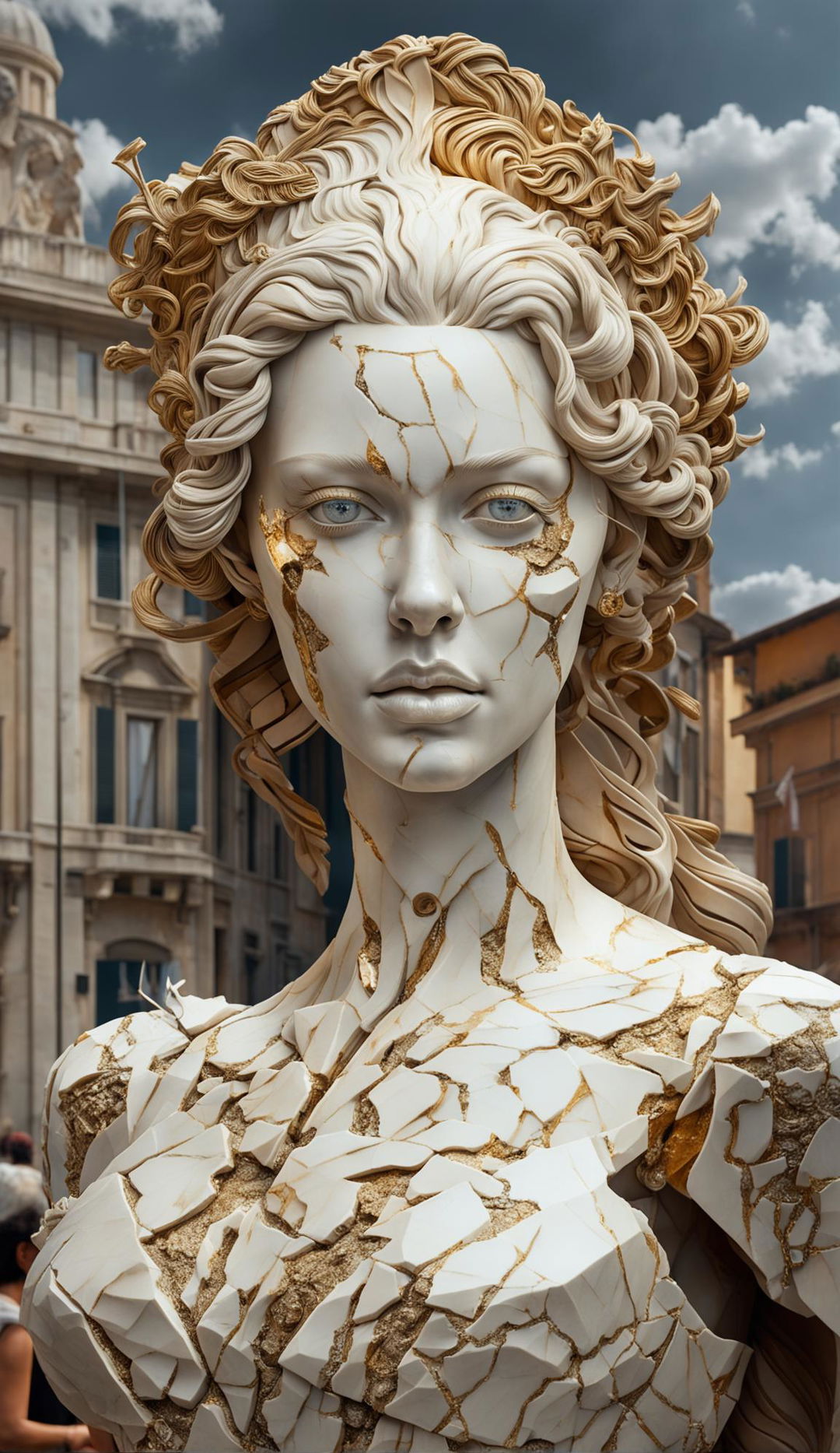 A hyper-realistic photograph of a Roman goddess with marble skin, her face heavily adorned with kintsugi repairs, stands in Ancient Rome.