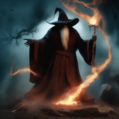 In the mystical world of wizards and witches, the demonic sorcerer cast an evil spell upon the land.