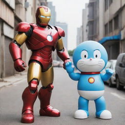 Doraemon and Iron Man standing together in heroic poses